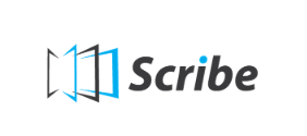 Logo featuring the word "Scribe" in bold, with a stylized graphic of open pages or books in blue and gray.