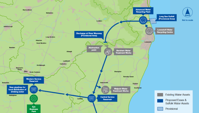 map of East Anglia with blue lines representing the pipeline
