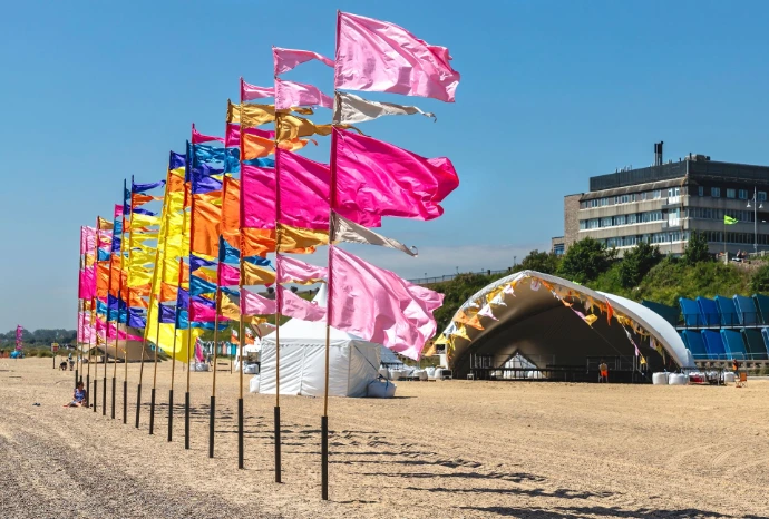 Flags flying on a beach